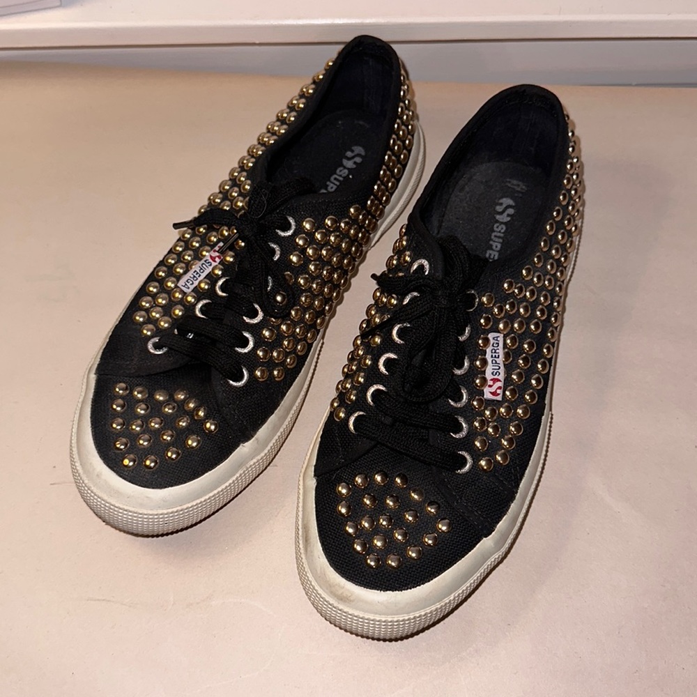 Superga Black Canvas Gold Studded Sneakers
